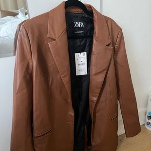 Zara Faux Leather Blazer in Caramel Size Large